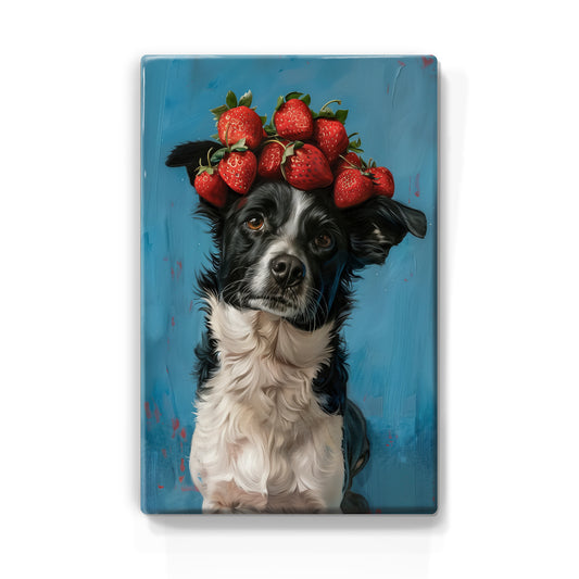 Artchoices exclusive: 076. Schattige hond met aardbeien op houten paneel(tje) klein