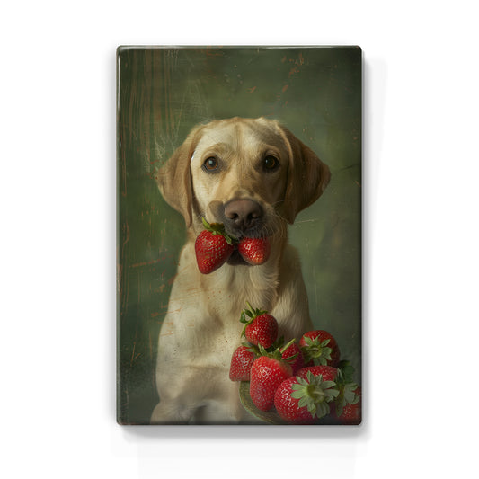 Artchoices exclusive: 077. Schattige labrador met aardbeien op houten paneel(tje) klein