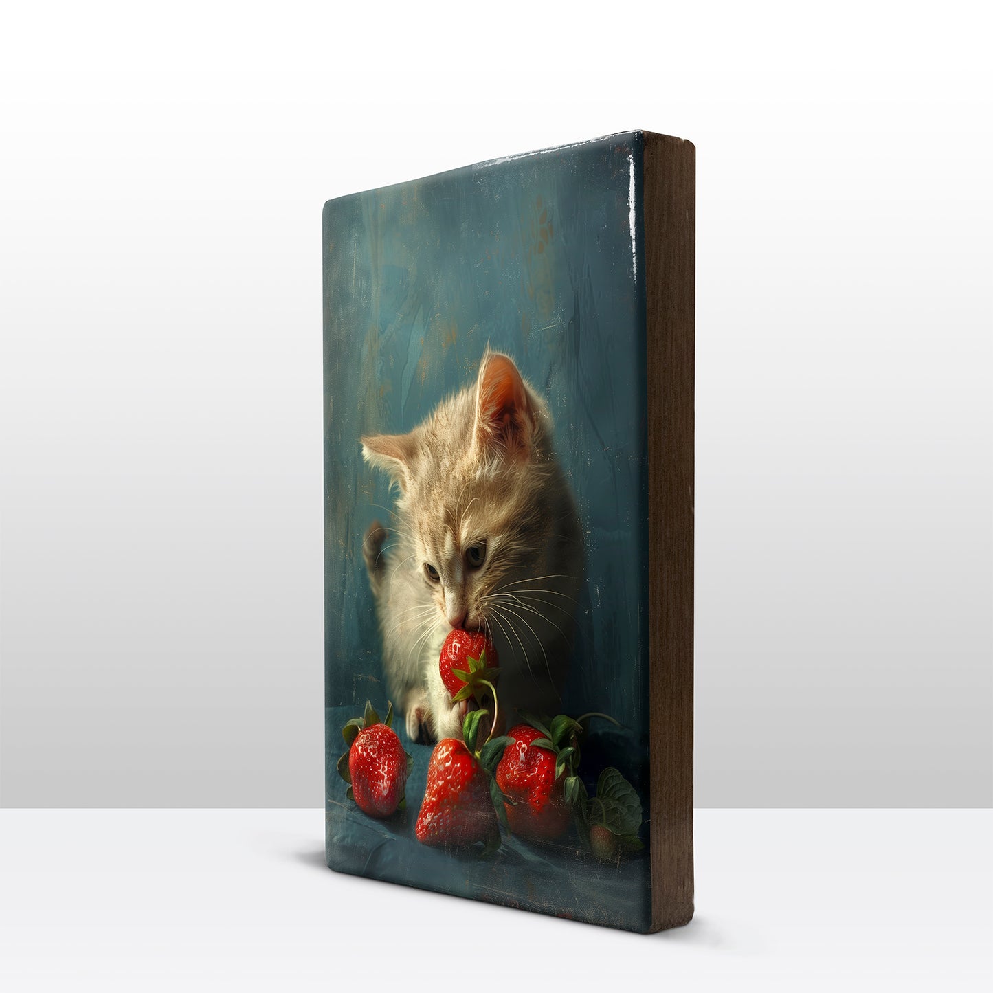 Artchoices exclusive: 078. Kitten met aardbeien op houten paneel(tje) klein