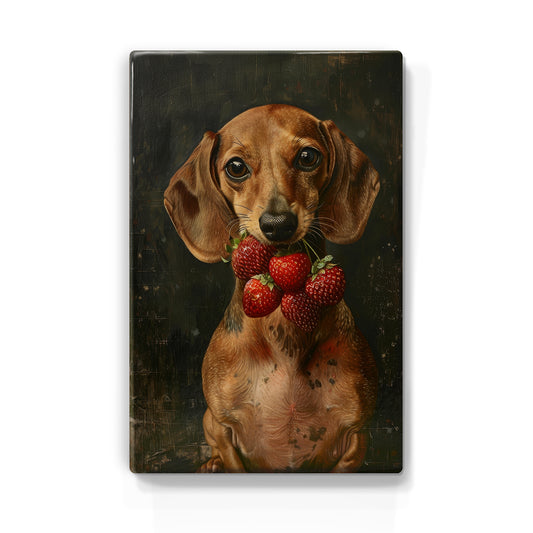 Artchoices exclusive: 079. Schattige teckel met aardbeien op houten paneel(tje) klein