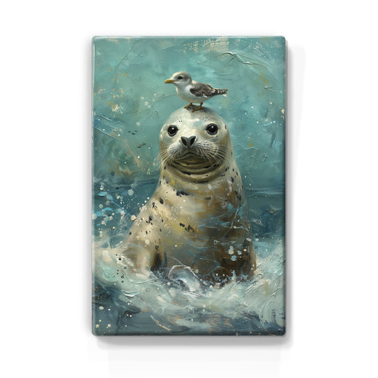 Artchoices exclusive: 081. Zeehond met vogeltje op houten paneel(tje) klein