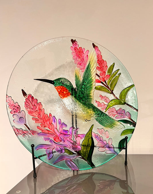Glaskunst schaal – kolibrie & bloemen