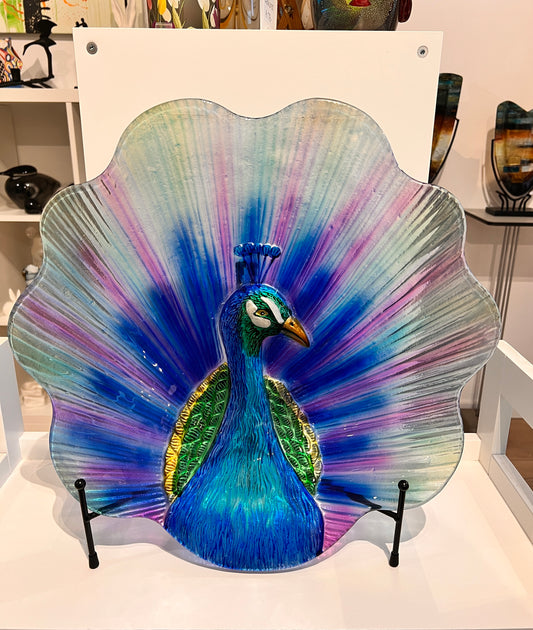 Glaskunst schaal – pauw in vibrant colors