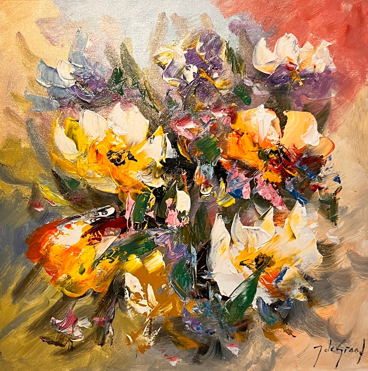 Schilderij – expressieve bloemen in levendige kleuren