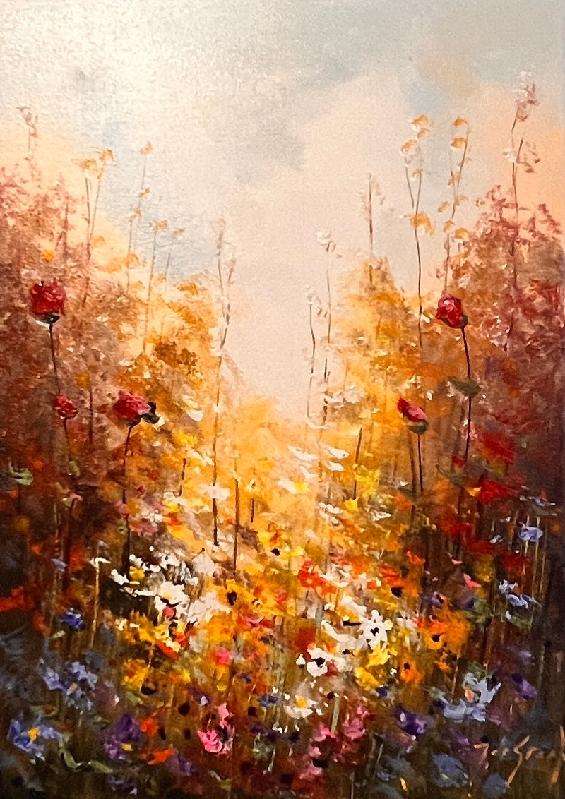 Bloemenveld in warm avondlicht