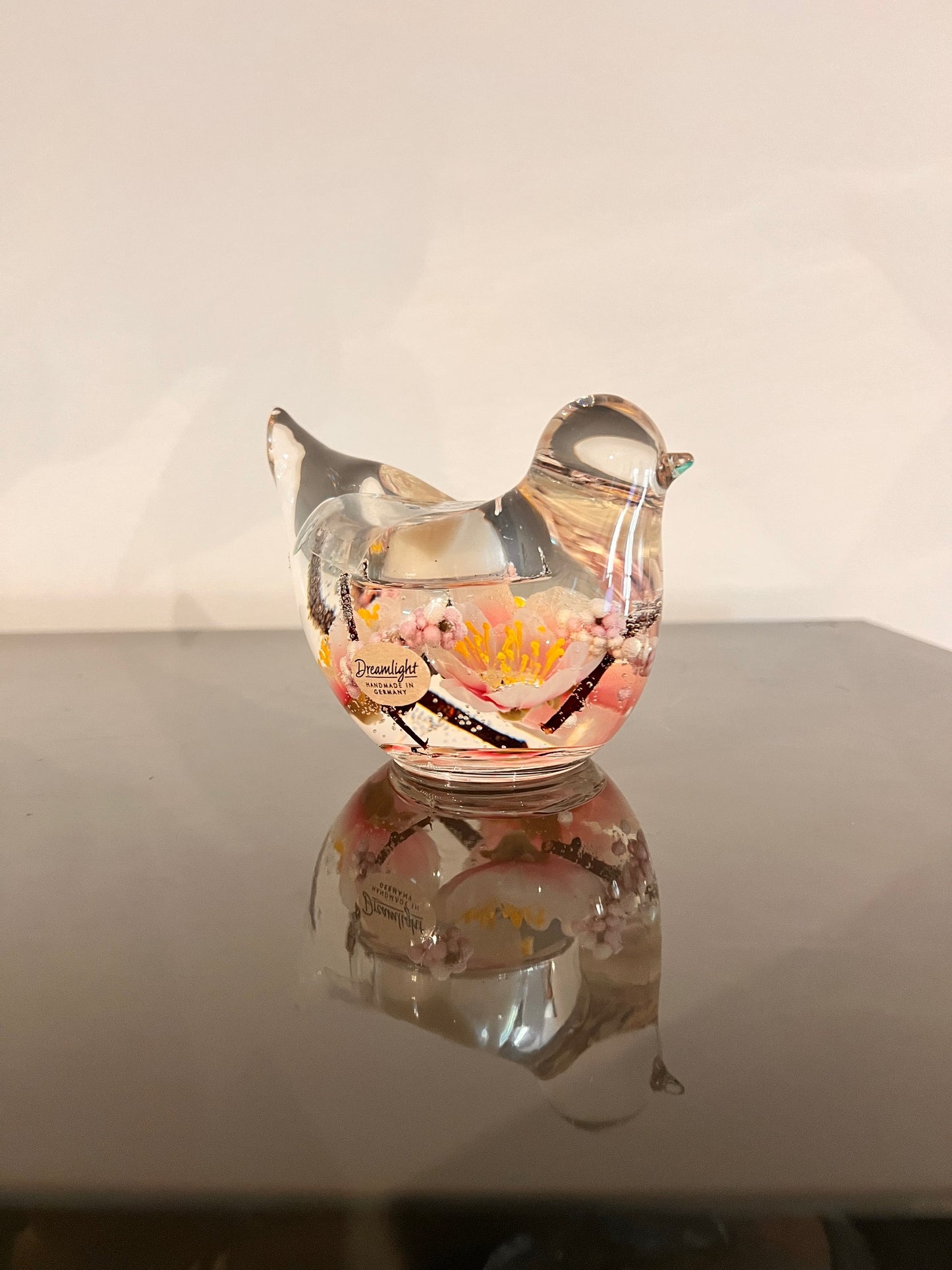 Glazen vogeltje met bloesem – waxinelichthouder