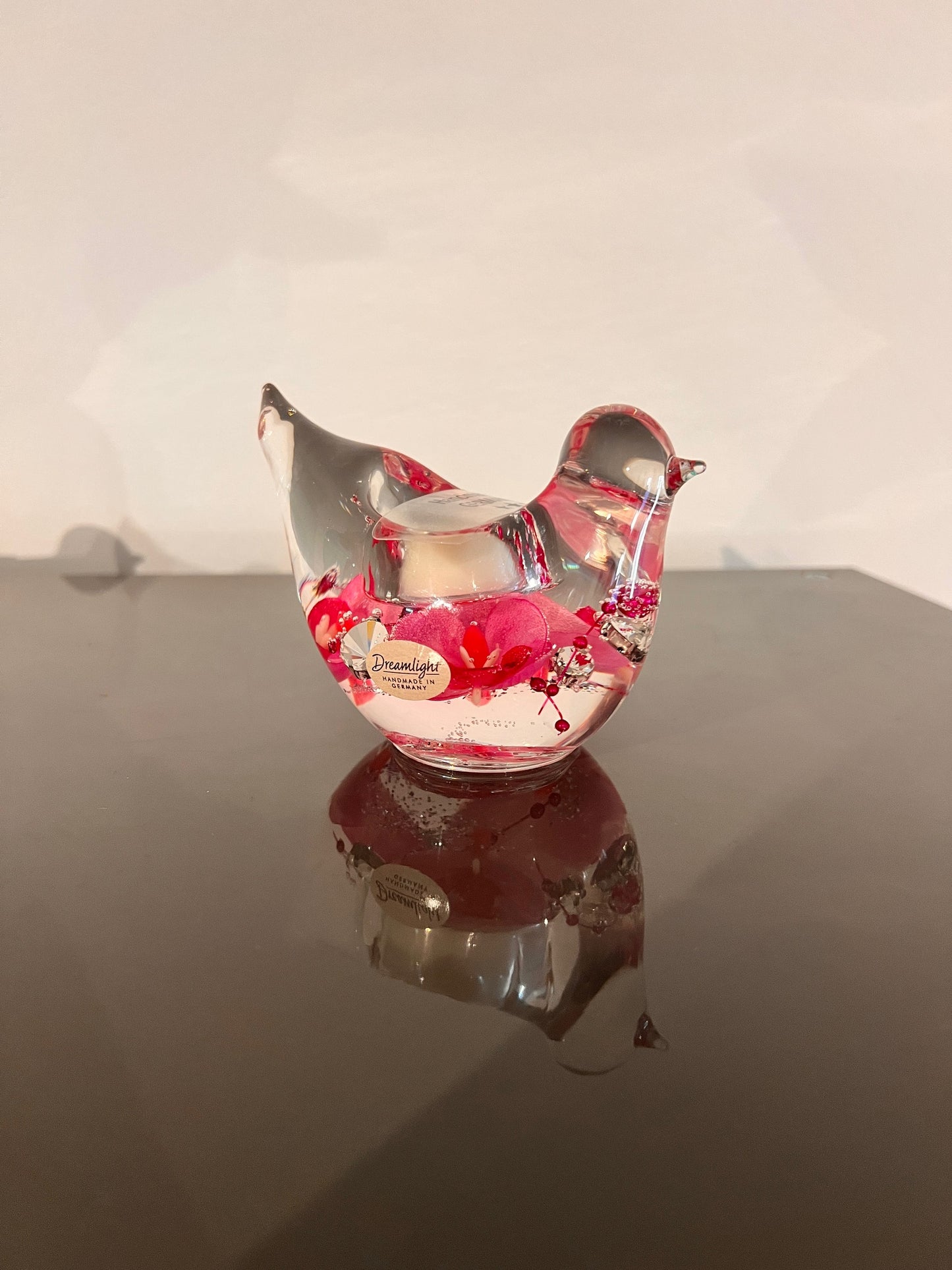 Glazen vogeltje met roze details – waxinelichthouder