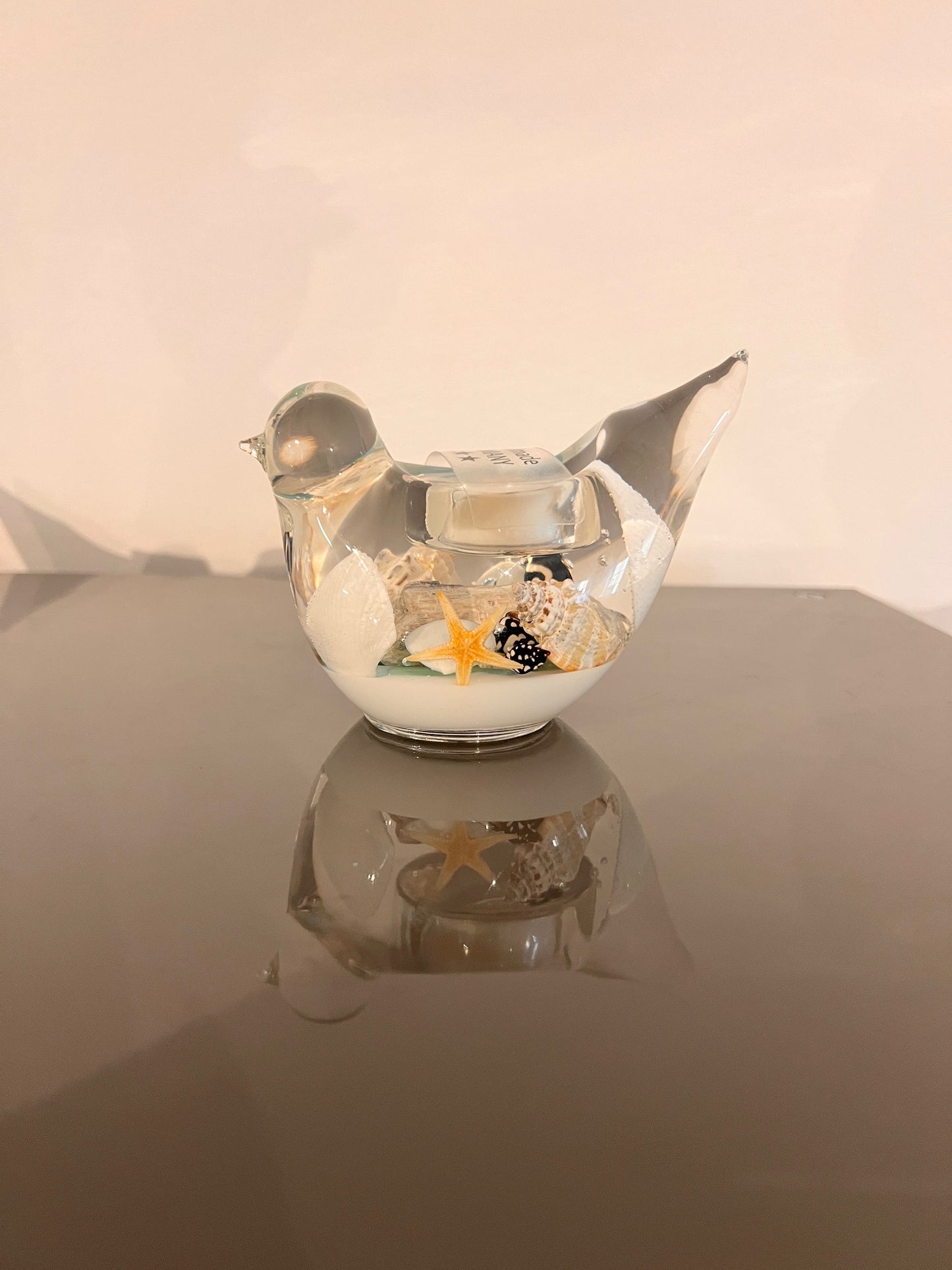 Glazen vogeltje met strand thema – waxinelichthouder