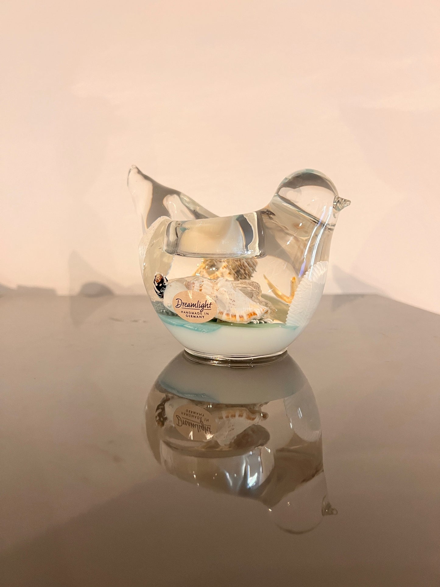 Glazen vogeltje met strand thema – waxinelichthouder