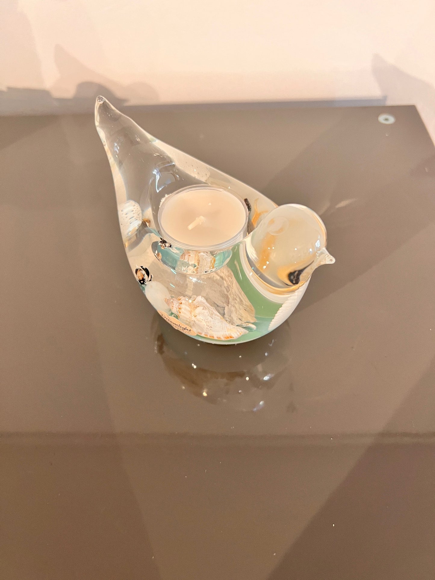 Glazen vogeltje met strand thema – waxinelichthouder