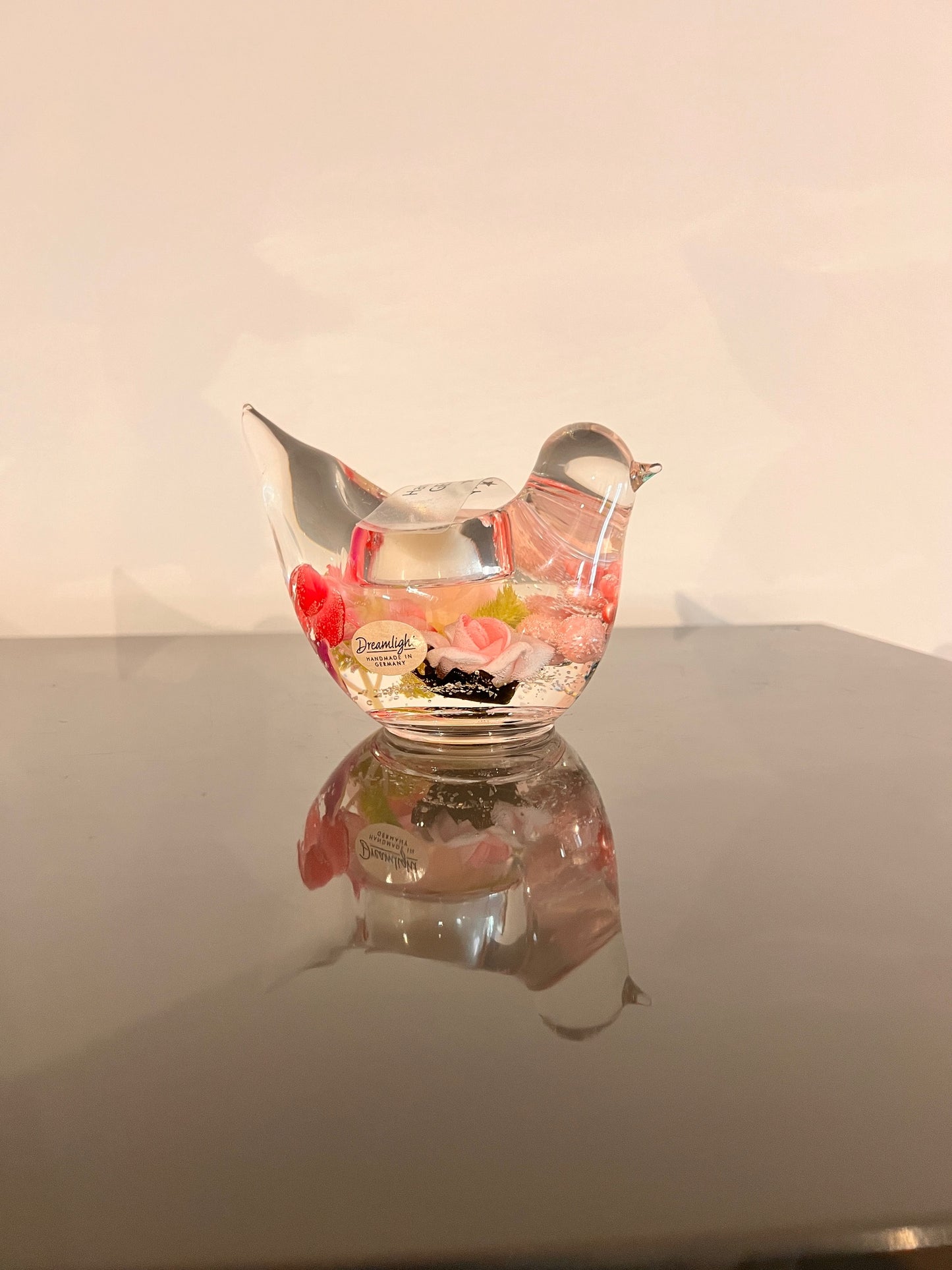 Glazen vogeltje met bloemen – waxinelichthouder