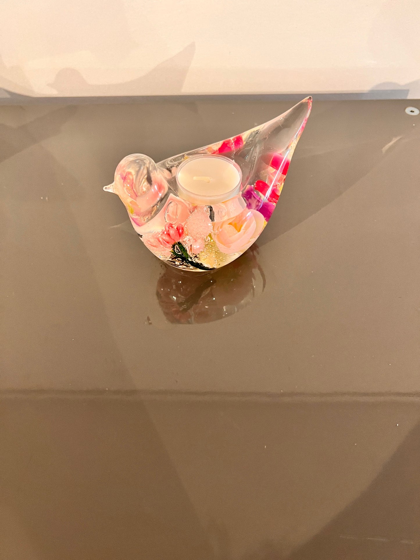 Glazen vogeltje met bloemen – waxinelichthouder