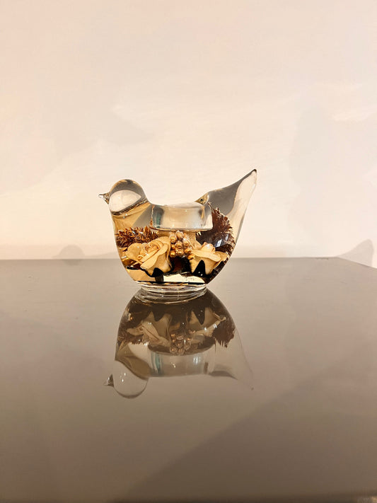 Glazen vogeltje in goudtinten – waxinelichthouder