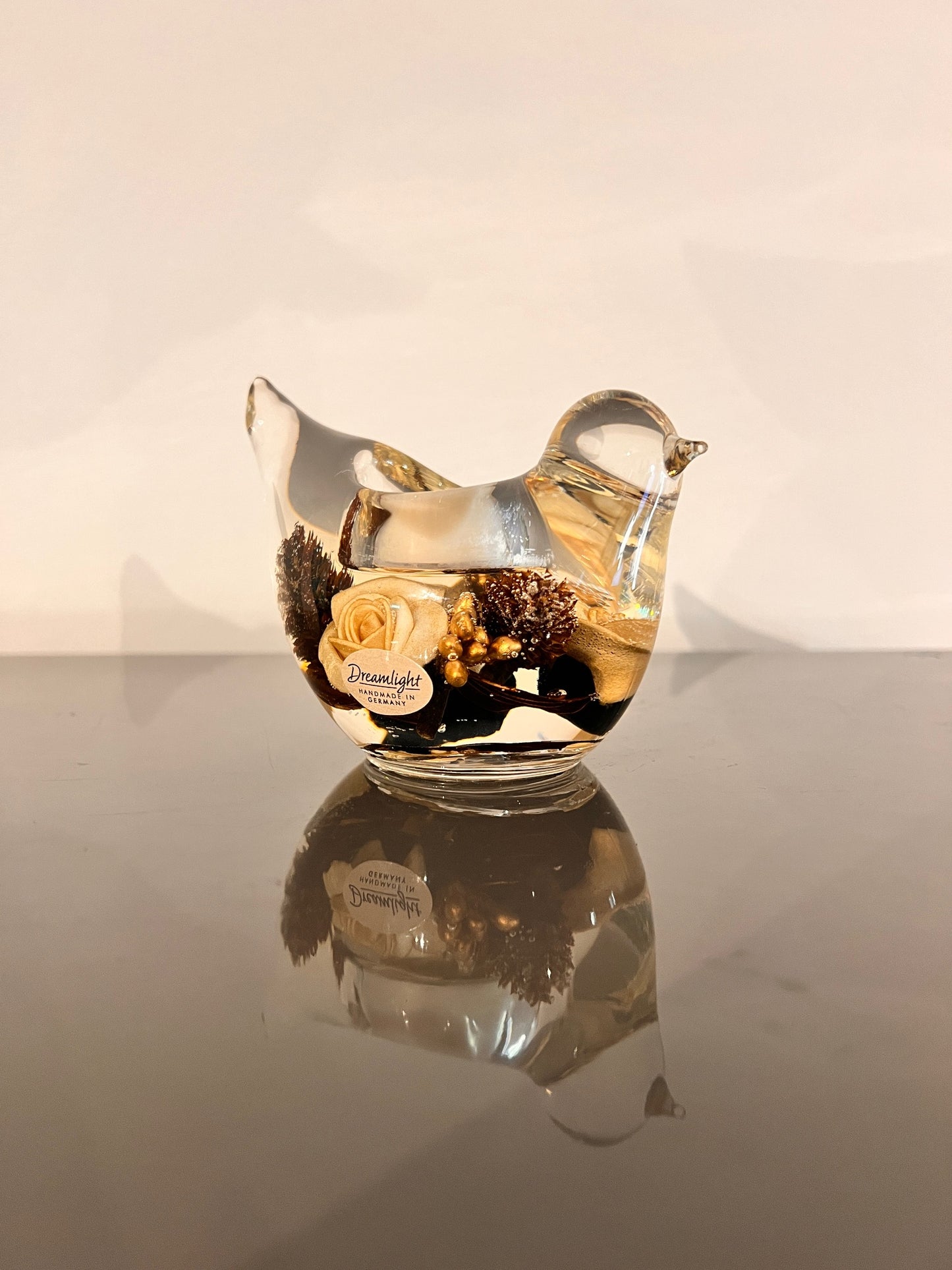 Glazen vogeltje in goudtinten – waxinelichthouder