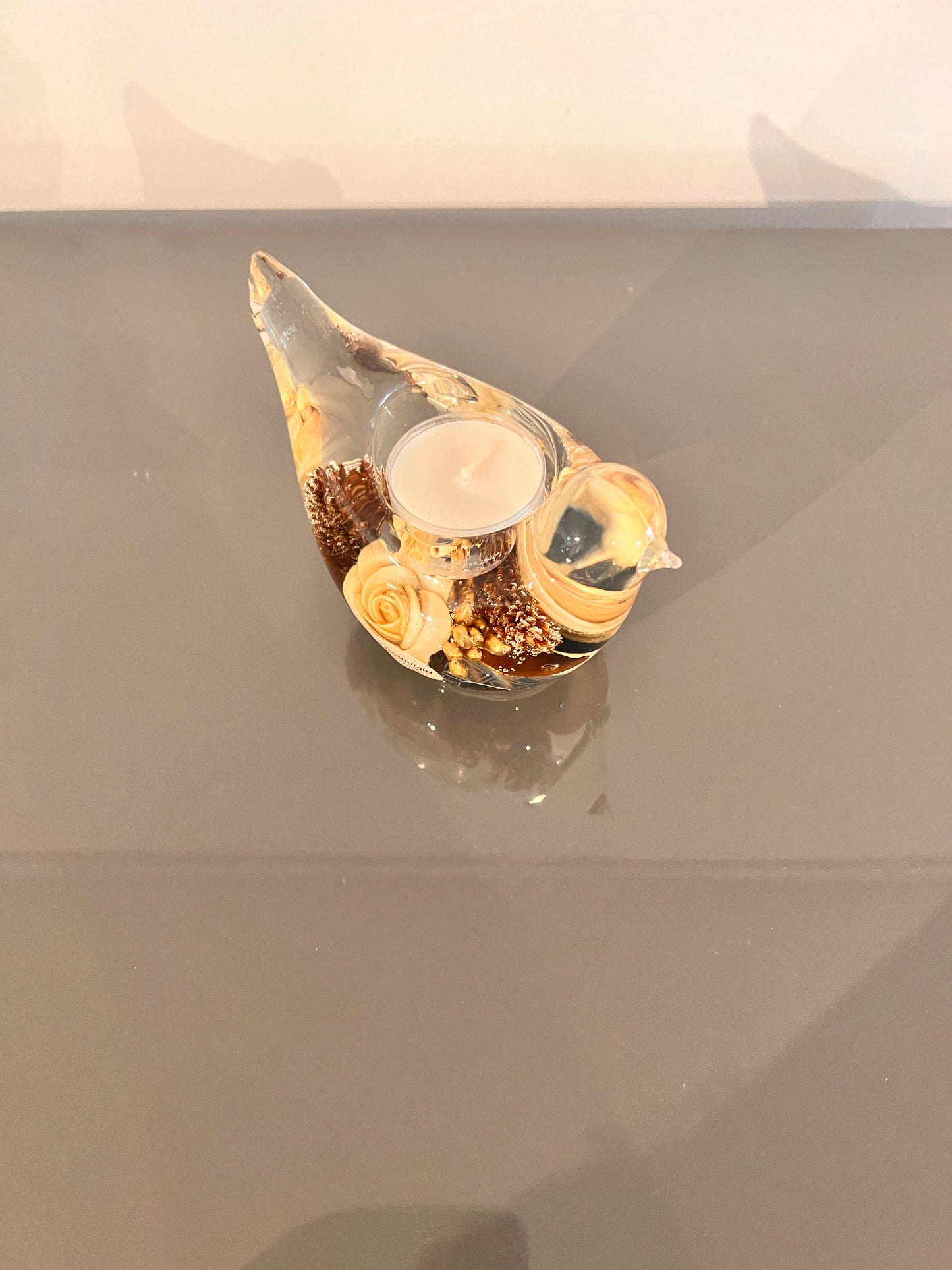 Glazen vogeltje in goudtinten – waxinelichthouder