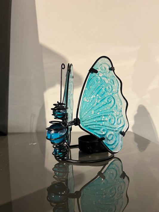 Glazen vlinder waxinelichthouder – turquoise