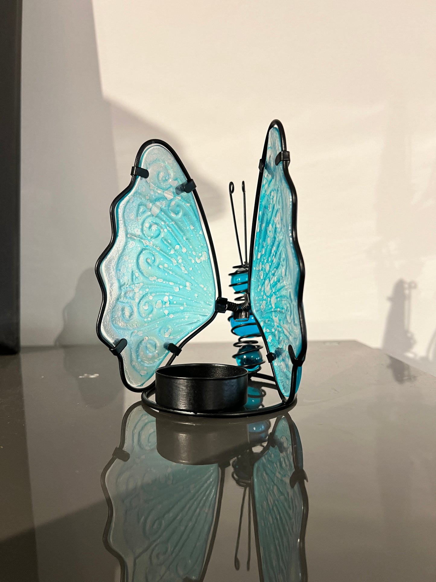 Glazen vlinder waxinelichthouder – turquoise