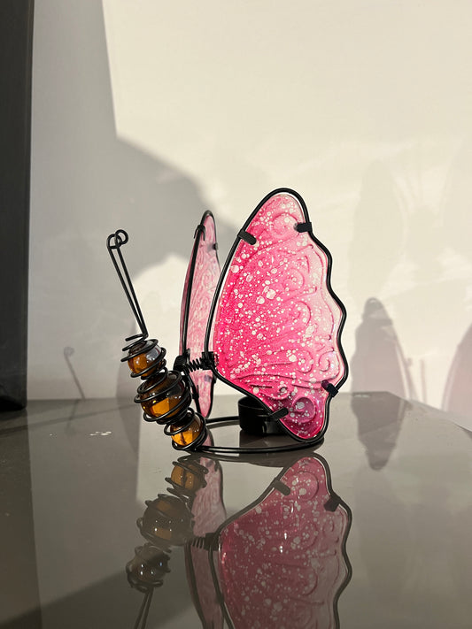 Glazen vlinder waxinelichthouder – roze