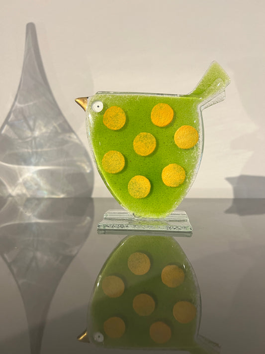 Glazen vogel – fris groen met zonnige stippen