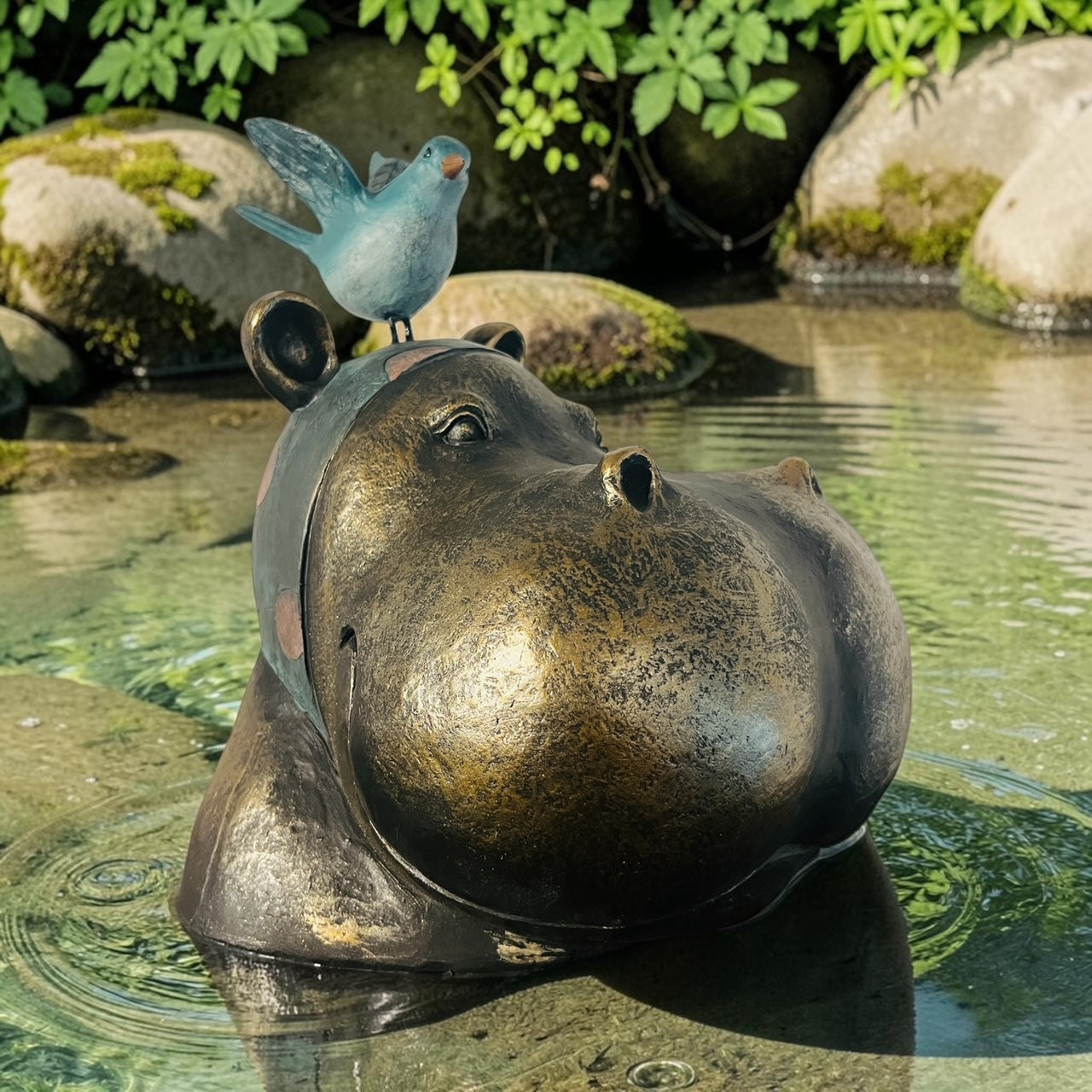 Nijlpaard met Blauwe Vogel – Decoratief Beeld