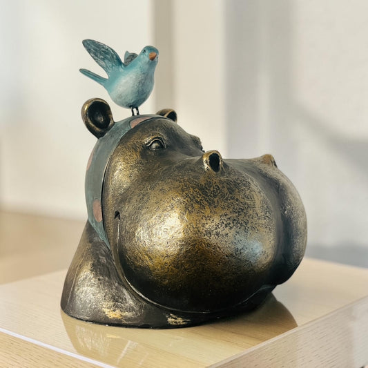 Nijlpaard met Blauwe Vogel – Decoratief Beeld