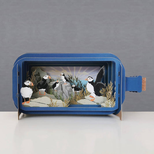Puffin Pop-upkaart met bericht in een fles